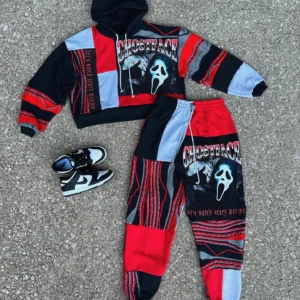 Eco-Friendly Ghost Face Patchwork Hoodie & Jogger Set - Halloween Horror Character Matching Set for Couples, Sustainable Streetwear with Vintage Fabrics, Gothic Spooky Fall Outfit for Unique Style