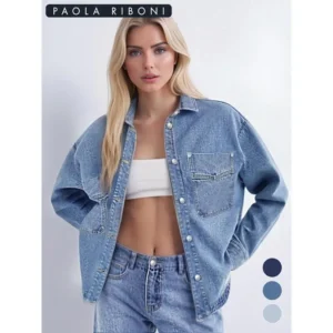 Women's Plain Button Front Drop Shoulder Curved Hem Denim Jacket, Casual Chic Long Sleeve Pocket Design Collar Outerwear for Daily Wear, Ladies Clothes for All Seasons