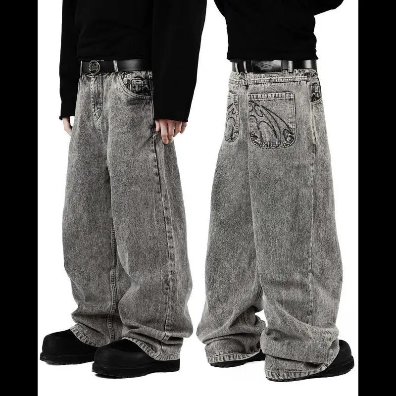 High Street Retro Street Harajuku Hip Hop Embroidered Washed Loose Straight Leg Jeans for Men and Women