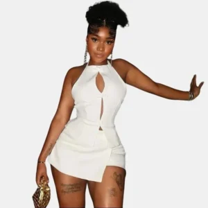 Elegant Summer Solid Color Two-Piece Set for Women - Hollow Design Pleated Skirt Outfit for Parties - Ideal for Parties and Special Occasions - Suits, Clothes