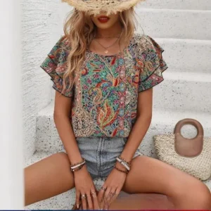 Women's Casual Paisley Print Ruffled Sleeve Chiffon Hawaiian Style Blouse,Short Sleeve Tops