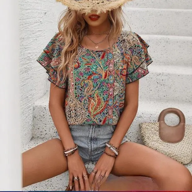 Women's Casual Paisley Print Ruffled Sleeve Chiffon Hawaiian Style Blouse,Short Sleeve Tops