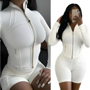 Breathable Elasticity Gym Set - Women's 2 Piece Workout Set Zip-Up Jacket & Shorts - Casual Activewear for Fitness & Athleisure Trend(Raincoats)