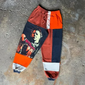 Halloween jogger pants in vintage patchwork design, sustainable streetwear for matching urban lovers..
