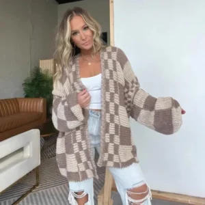 Casual Cardigan Sweater for Women Fall  Long Sleeve Open Front Chunky Knit Sweaters Checkered Outwear Coat