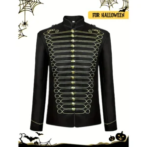 [Men's Retro Halloween Top] Retro Stand Collar Halloween Costume Top for Men - Black with Golden Zigzag Design, Long Sleeve Formal & Party Wear, Role-Playing, Themed Events, Sophisticated Style, Nonstretch Fabric